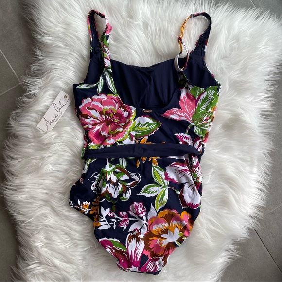 NWT Anne Cole Navy Blue Ring Belt Scoop Floral One Piece Swimsuit Large - Picture 5 of 9